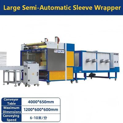 Grote semi-automatische sleeve krimpfoliemachine voor mineraalwaterflessen, dranken, bierblikjes, PE/POF folie krimpverpakking